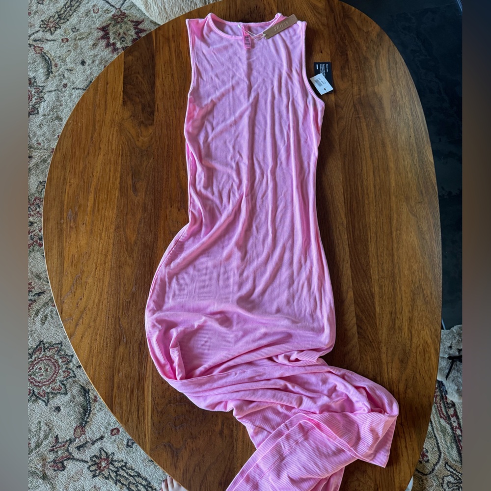 Skims pink long ribbed body con dress
